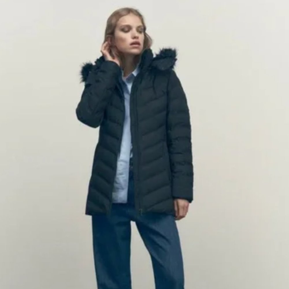 Zara Black Tailored Water and Wind Rain Protection Hooded Down Puffer JACKET M